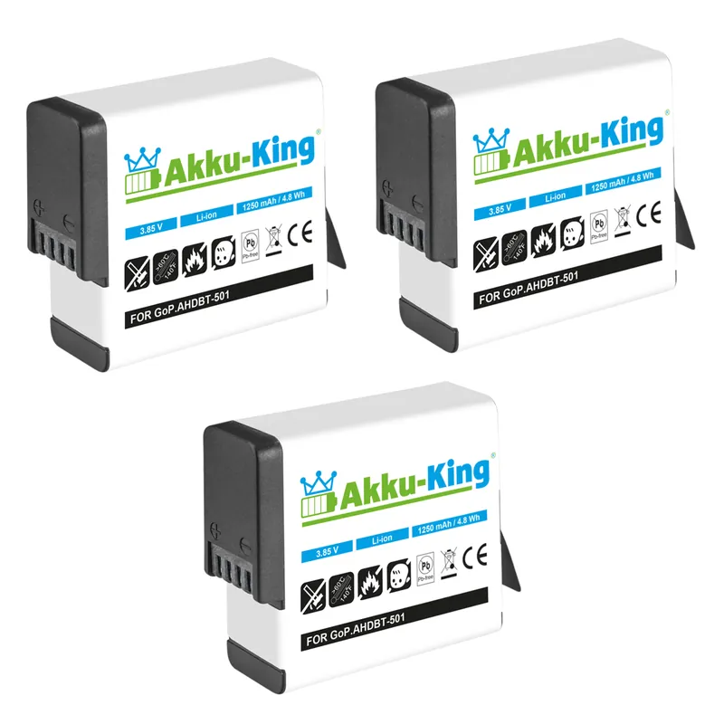 3 x Akku kompatibel mit AHDBT-501 AHDBT-801 - Li-Ion 1250mAh - für GoPro Hero 8, Hero 7, Hero 6, Hero 5 Black Preisreduziert