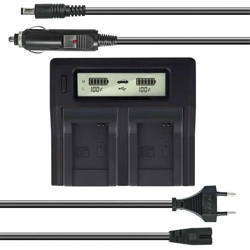 Ab Werk Dual Akku-Ladegerät kompatibel mit Samsung BP-70A, BP-70EP, EA-BP70A, SLB-70A - mit USB-Anschluss, LCD-Display und Kfz-Ladekabel - Schnellladegerät