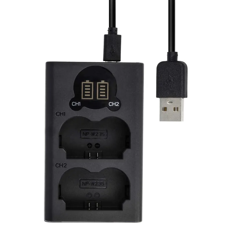 2-fach Ladestation kompatibel mit Fuji NP-W235 - mit LCD Display USB-Anschluss / DL-Serie 8.4V Kracherpreis
