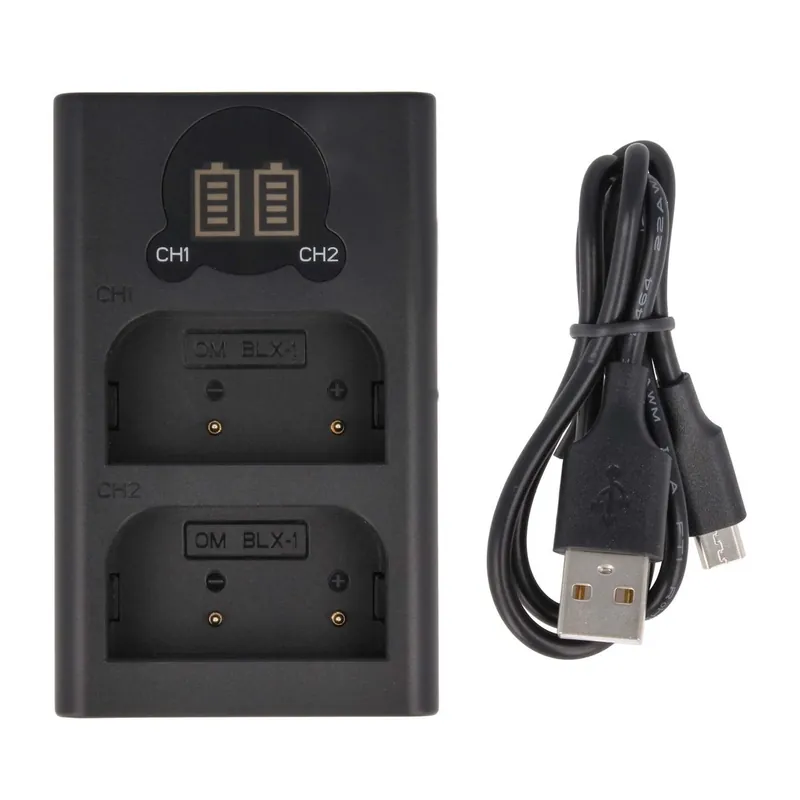 2-fach Ladestation kompatibel mit Olympus BLX-1 - mit LCD Display USB-Anschluss / DL-Serie 8.4V Expressversand