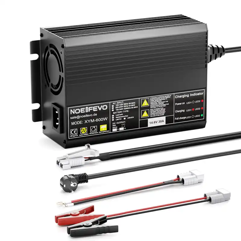 Kostenfreie Lieferung Noeifevo 12V 12.8V 30A Lithium LiFePO4 Akku Ladegerät, Ladespannung 14,6V, 0V BMS-Aktivierung, automatische Abschaltung, Aluminiumgehäuse