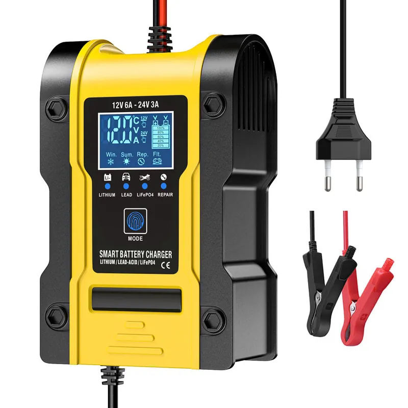 12V 6A 24V 3A Auto-Motorrad-Batterieladegerät, Intelligentes Multifunktions-Reparatur-Batterieladegerät mit Temperaturerkennung für Blei-Säure-AGM-Gel-Tiefzyklus-Lithium-LiFePO4-Batterien Preiswert