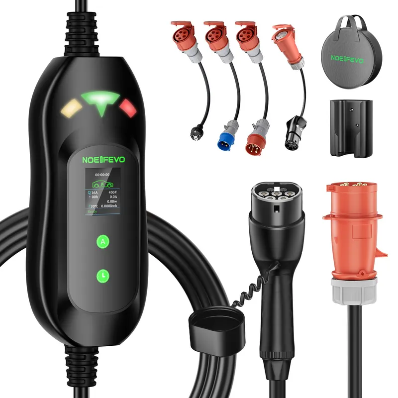 NOEIFEVO Master Traveller EV Wallbox 11kW mit Tesla Unlock-Taste, Mobile Ladestation 3-Phasen 400V (6-16A einstellbar), 5m/10m Type 2 Ladekabel mit EU-Reiseadapter (CEE32/CEE16A/Schuko/Type2 Stecker). Markenware