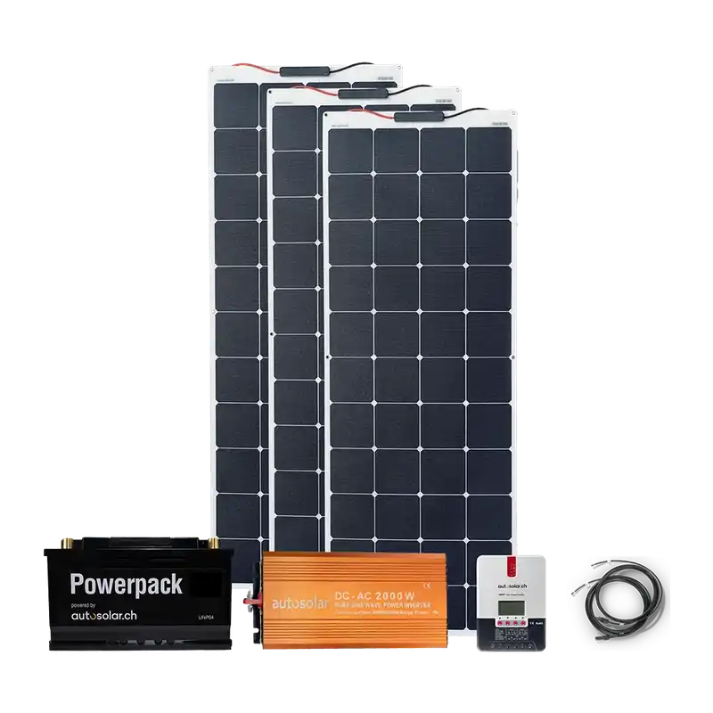 Solaranlage Komplettpaket 495W flexibel mit Lithiumbatterie 105Ah und 2000W-Wechselrichter inkl. Montagematerial Kostenloser Rückversand